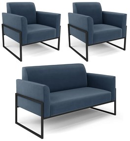Sofá Namoradeira com 2 Poltronas Base Industrial Alta Preto Marisa Suede D03 - D'Rossi - Azul Marinho