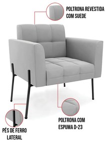 Poltrona Pé de Ferro Preto para Sala Elisa Suede D03 - D'Rossi - Cinza