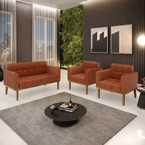 Conjunto 2 Poltronas e 1 Namoradeira Decorativa Karen Pés Fixo em Madeira Castanho Pu Nozes G19 - Gran Belo