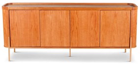 Buffet Teca 4 Portas em Lâmina de Madeira Moldura em Madeira Maciça Detalhe em Recouro Base Aço Carbono