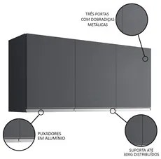 Armário Aéreo 120cm 3 Portas Andréia Cinza - AJL Móveis