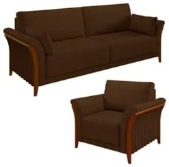 Kit Sofá Living 3 Lugares e Poltrona 102cm Pés Madeira Roya Z32 Veludo