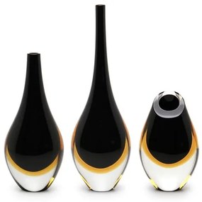 Conjunto 3 Gotas Mini Bicolor Preto com Âmbar Murano Cristais Cadoro