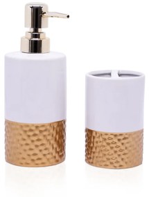 Kit Banheiro 01 Porta Sabonete Liquido e 01 Porta Escova em Cerâmica Branco e Dourado - D'Rossi