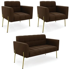Sofá Namoradeira e 2 Poltronas Pé de Ferro Dourado Elisa Suede D03 - D'Rossi - Marrom