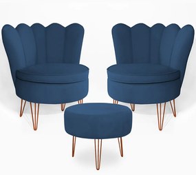 Conjunto 2 Poltrona Dália com Puff Chloe Pés Hairpin Legs Bronze Veludo Azul Marinho