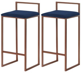 Kit 2 Banquetas Decorativa Jasmine Base Bronze Veludo Azul G41 - Gran Belo
