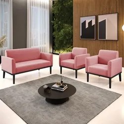Sofá Namoradeira e 2 Poltronas Base Madeira Preto Maressa Suede Rosê -