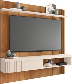Painel Selina Ripado 180cm para TV até 65 com Porta de Correr e Prateleira MDP Freijo/OffWhite G11 - Gran Belo
