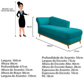 Recamier Vanessa 160cm Lado Direito Suede Azul Turquesa - ADJ Decor