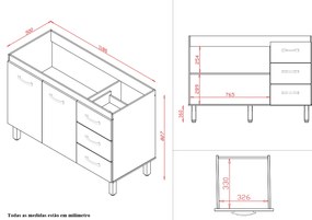 Balcão Rosa 2 Portas 3 Gaveta Cozinha MB1 120cm