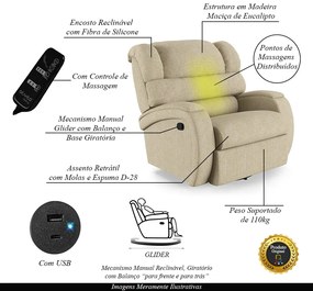Poltrona do Papai Sala de Cinema Reclinável Kylie Glider Manual Giratória Massagem USB Linho Bege G23