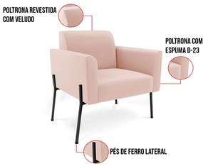 Poltrona Pé de Ferro Preto para Sala Kit 2 Marisa Veludo D03 - D'Rossi - Rose
