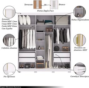 Guarda Roupa Casal Heros 3 Portas de Correr Dupla Face com Espelho MDF Branco/Terracota G98 - Gran Belo