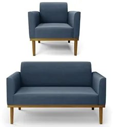 Sofá Namoradeira e 1 Poltrona Base Madeira Castanho Maressa Suede Azul