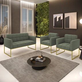 Namoradeira e 2 Poltronas Industrial Dourado Elisa Bouclê D03 - DRossi - Verde Pistache