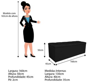Calçadeira Estofada Manchester 160 cm Queen Size Suede Preto - ADJ Decor