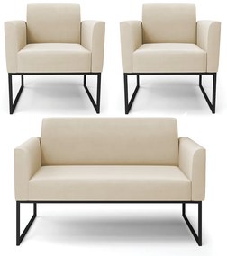 Sofá Namoradeira com 2 Poltronas Base Industrial Preto Marisa Suede D03 - D'Rossi - Bege