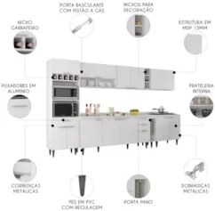 Armário de Cozinha Com Tampo CP07 340cm Pérola Branco Z34     - Mpozen