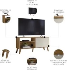 Rack Bancada Para TV 50 Pol 120cm Roby Nature/Off Z49      - Mpozenato