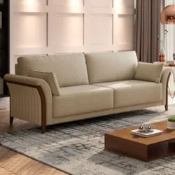Sofá Living 3 Lugares 222cm Pés Madeira Roya Z32 Linho Bege - Mpozenat