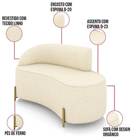 Sofá 2 Lugares Orgânico 140cm Pé Dourado Morgan Linho D03 - D'Rossi - Bege