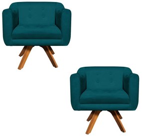 Kit 02 Poltronas Giratória  Julia Suede Base Madeira MM30 D01 - D'Rossi - Azul Pavão