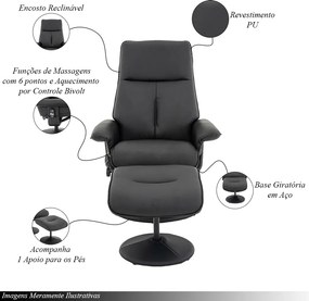 Kit 3 Poltronas de Massagem Arizona Giratória com Apoio de Pés e Reclinável Pu Preto G56 - Gran Belo