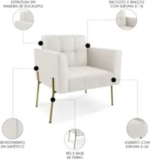 Poltrona Sala Pé Metal Dourado Kit 2 Ana Sintético Bege - Ibiza