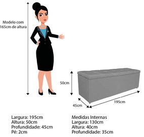 Calçadeira Estofada Manchester 195 cm King Size Corano Cinza - ADJ Decor