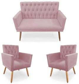 Kit 2 Poltronas 1 Namoradeira Clara Capitonê Pés Palito Suede Rosa - Sheep Estofados
