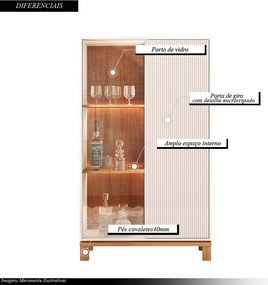Cristaleira Átomo com 2 Portas Vidro e Ripada Nicho e LED  OffWhite/Freijo  G11 - Gran Belo