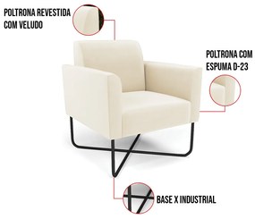 Kit 2 Poltronas Base X Industrial Preto Marisa Veludo - Bege