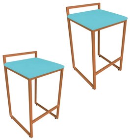 Conjunto 02 Banquetas Pietra Suede Base Cobre - Azul Turquesa
