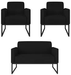 Kit Namoradeira e 2 Poltronas Decorativas Base Industrial Preta Maress