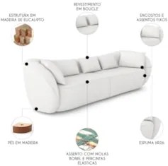 Sofá 3 Lugares 272cm Orgânico Pé Madeira Yume Bouclê Branco Z55 - Mpoz