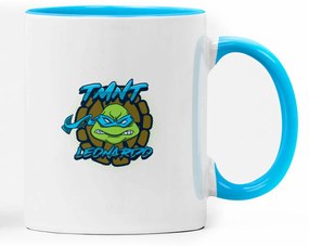 Caneca Tartarugas Ninjas Leonardo Geek Nerd Branca com Alça Azul Claro