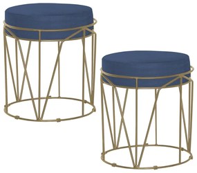 Kit 2 Puffs Decorativo Sala de Estar Base Gold Chloe Suede Azul Marinho G41 - Gran Belo