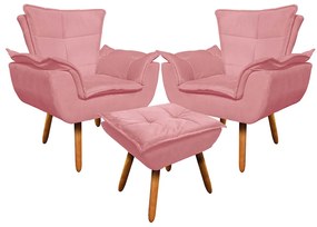 02 Poltronas e 01 Puff Pé Palito de Madeira Opala Suede D03 - D'Rossi - Rose