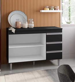 Balcão Cozinha com Tampo 120cm 3 Gavetas Leticia Preto A01 - D'Rossi