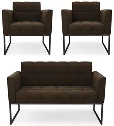 Sofá Namoradeira e 2 Poltronas Base Industrial Preto Ana Suede Marrom