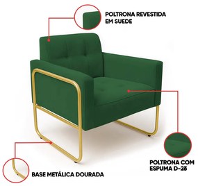Poltrona Sala Industrial Alta Tubo Dourado Elisa Suede D03 - D'Rossi - Verde