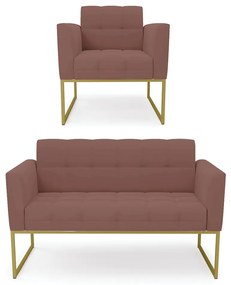 Kit 1 Sofá Namoradeira e 1 Poltrona Elisa Veludo Base Metálica Industrial Dourado - D'Rossi - Rose