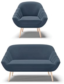 Kit 01 Namoradeira 02 Lugares e 01 Poltrona Giovana Suede Azul Marinho Pés Palito Natural - Indo Decorar