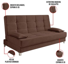 Sofá Cama Equador 193 cm Encosto Reclinável Veludo Marrom Pés Plástico Cromado - D'Rossi