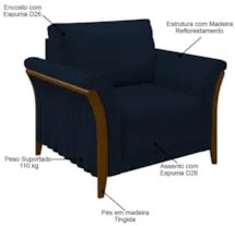 Poltrona Decorativa Sala de Estar 102cm Pés Madeira Roya Z32 Veludo Az