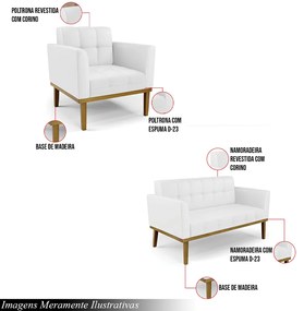 Conjunto 2 Poltronas e 1 Namoradeira Decorativa Karen Pés Fixo em Madeira Castanho PU Branco G19 - Gran Belo