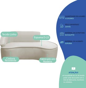 Divã Recamier Curvo Sala de Estar Recepção Marrocos 200cm Lado Direito Linho