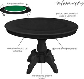 Mesa de Jogos Carteado Redonda Montreal 6 Lugares Tampo Reversível com Gavetas e Porta Copos Preto Fosco G36 - Gran Belo
