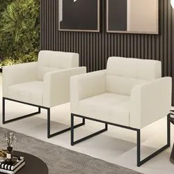 Poltrona Base Industrial Preto Kit 2 Ana Linho Bege - Ibiza